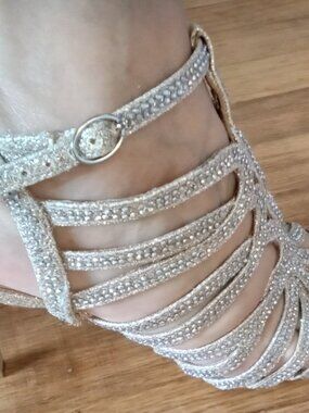 INC International concepts strappy, heeled, gold rhinstoned shoes, 6.5.